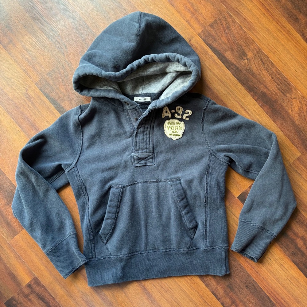 Y2K Abercrombie Kids Navy Blue Henley Hoodie Muscle Fit New York Patch Small